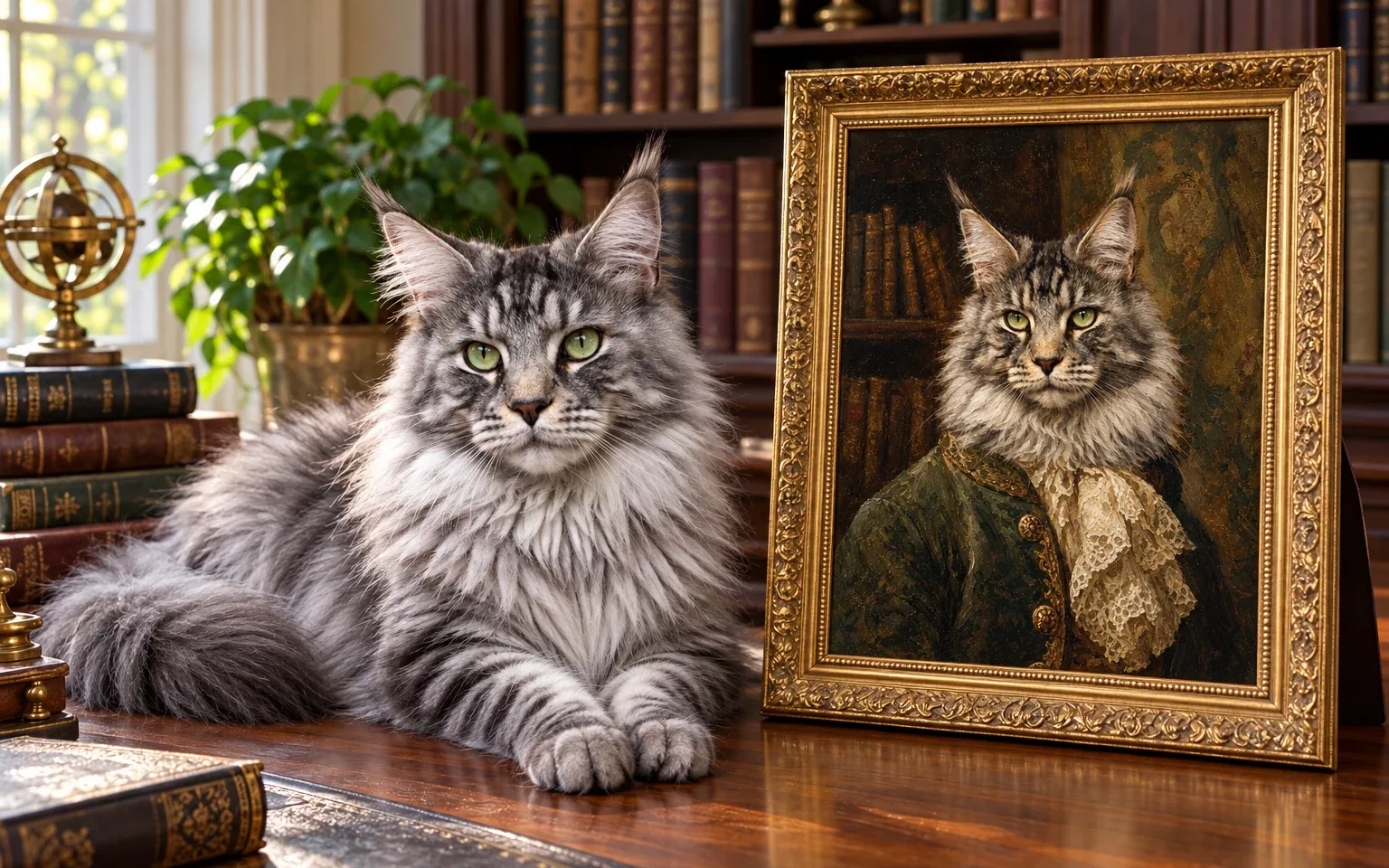 The same silver tabby maine coon in a natural home pose beside its framed aristocrat cat portrait