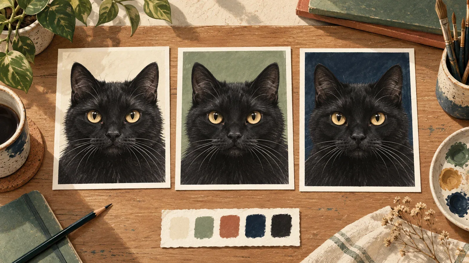 Three black-cat portraits against light cream, muted green and dark blue backgrounds.