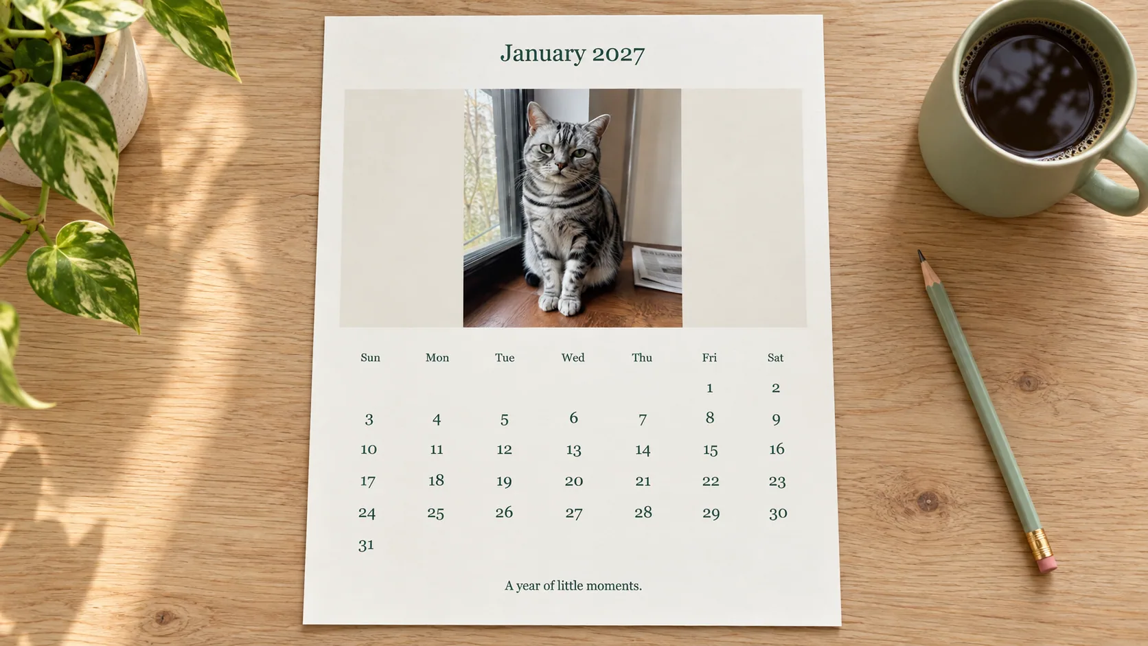 How to Make a Pet Photo Calendar with Your Cat’s Photos A January 2027 calendar page with a silver-tabby photograph, Sunday-first dates and a pencil beside it.