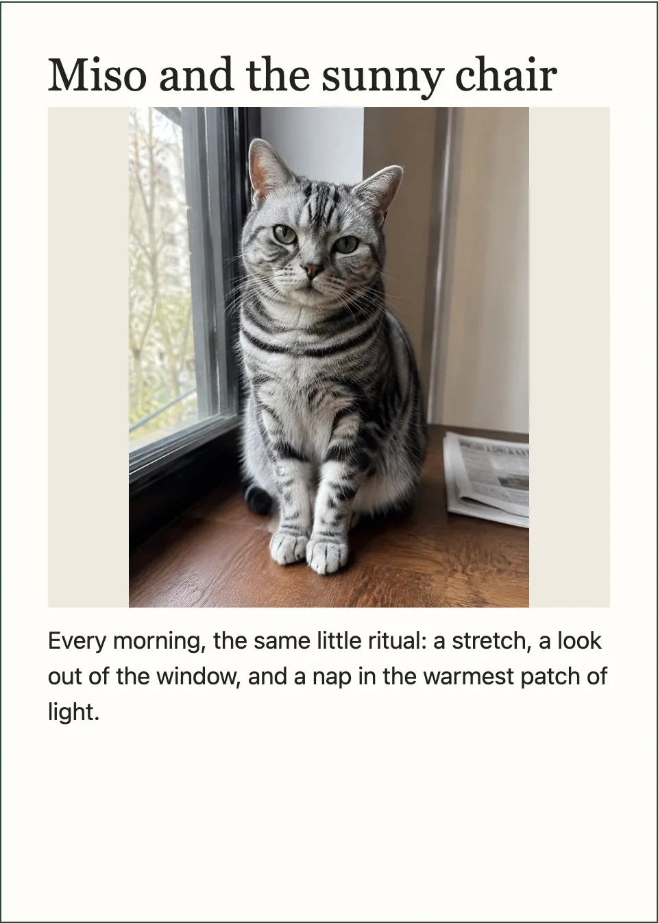 Actual browser preview of the photo-and-story card with a sample silver tabby image and example memory text.