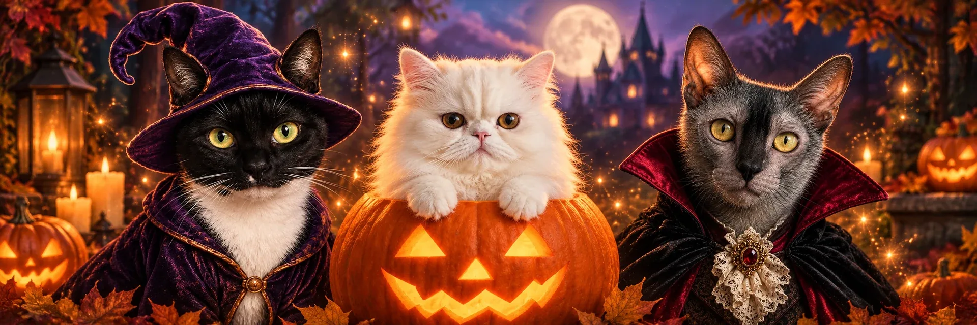 A wizard tuxedo cat, a white Persian peeking from a glowing pumpkin and a Lykoi vampire in a Halloween campaign scene