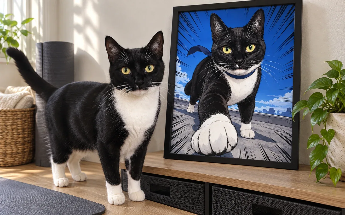 tuxedo shorthair cat beside its framed portrait in a home display
