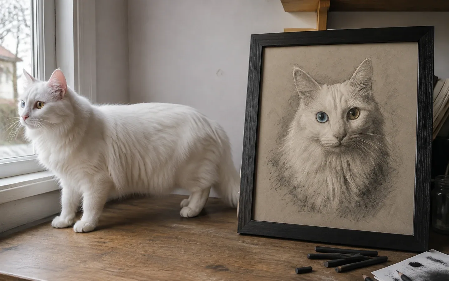 white odd-eyed Turkish Angora cat beside its framed portrait in a home display