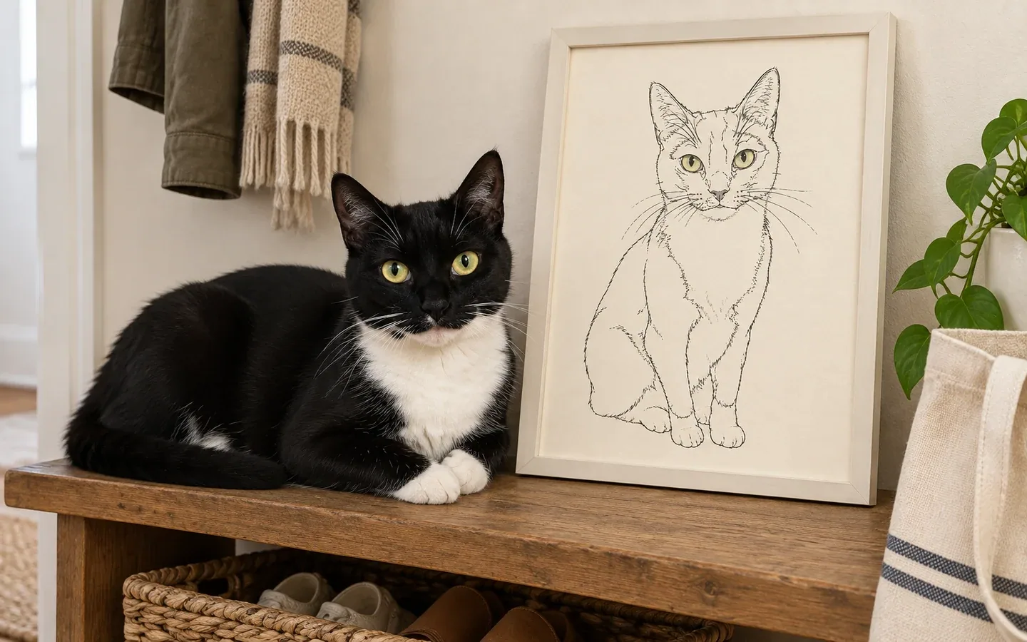 black-and-white tuxedo cat beside its framed portrait in a home display