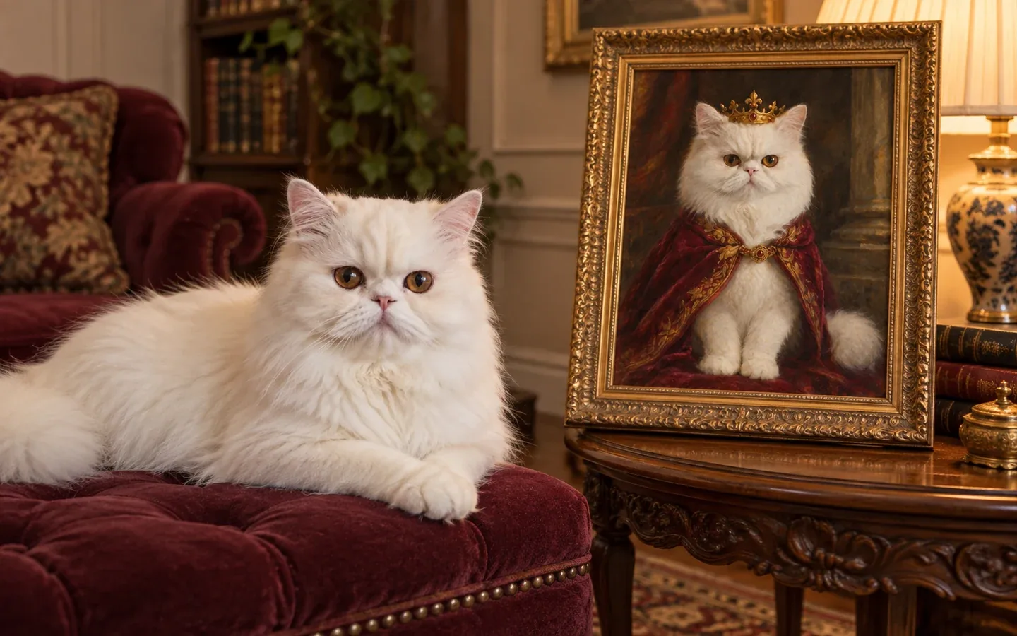 A cat beside its framed Royal Renaissance portrait