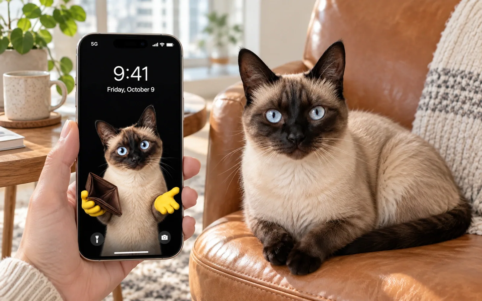A hand-held iPhone displaying empty wallet cat wallpaper beside the same real cat in a caramel leather armchair beside a small wood coffee table in a bright apartment