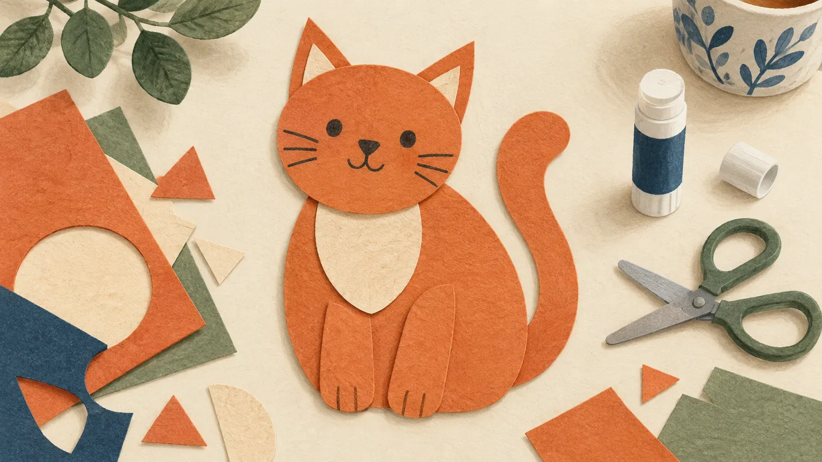 A simple orange paper cat assembled from an oval body, round head, ears and a tail.