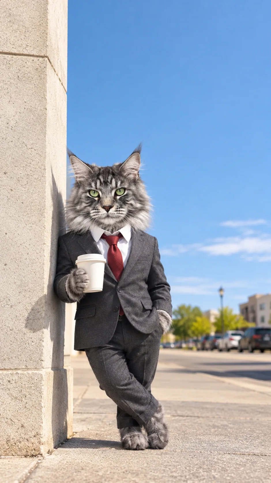 A suited cat leans on a sunlit street wall with a takeaway coffee. of the same silver tabby maine coon