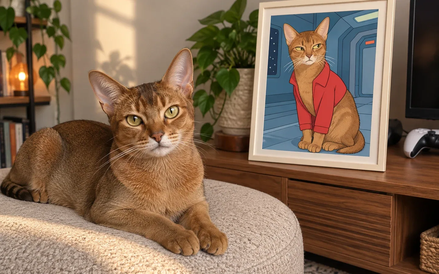 abyssinian cat beside its framed portrait in a home display