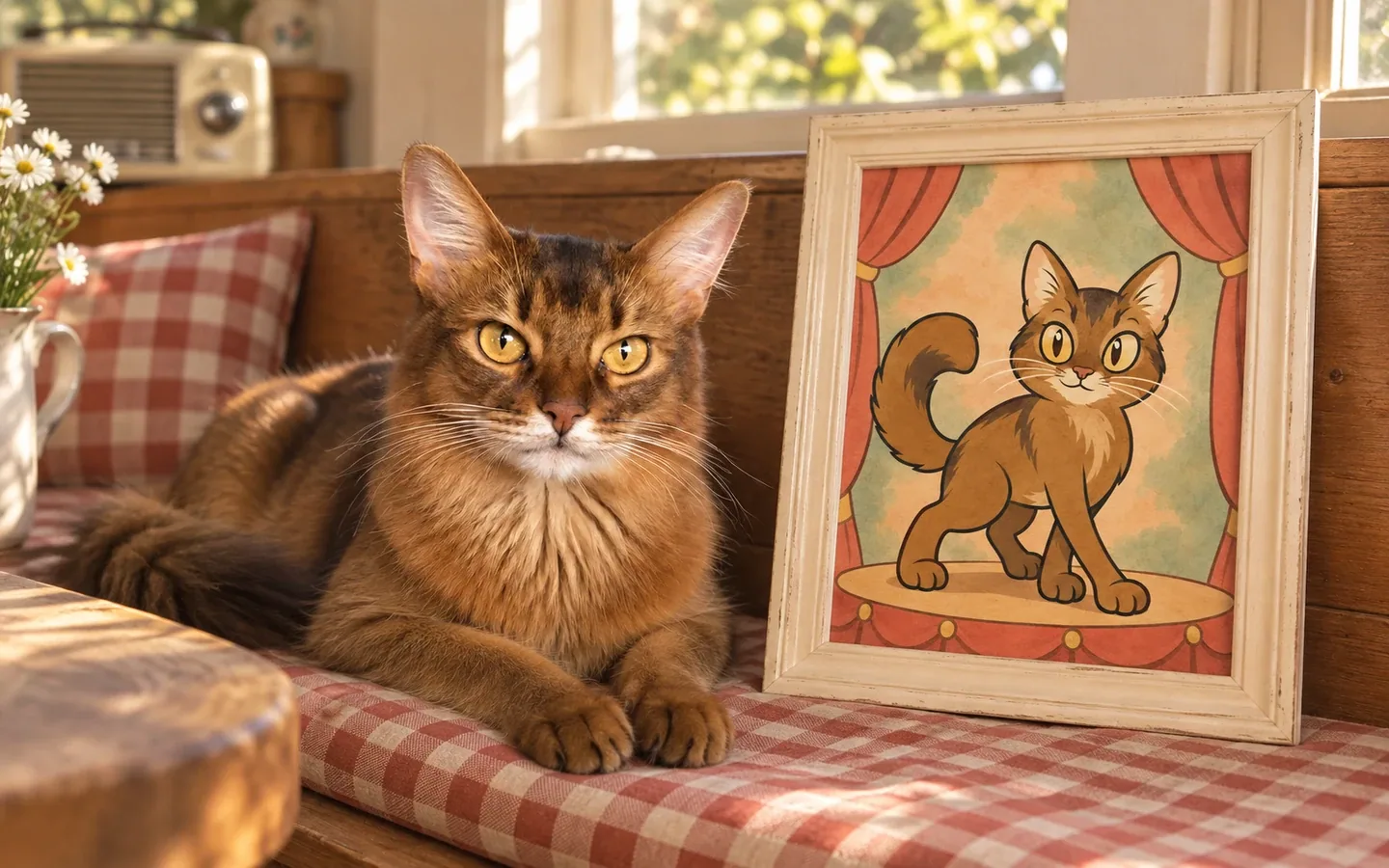 red Somali cat beside its framed portrait in a home display