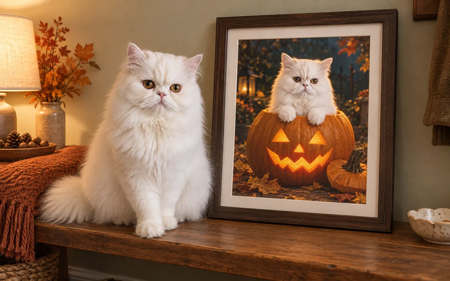 The same white Persian in a natural home pose beside its framed halloween pumpkin peek digital portrait