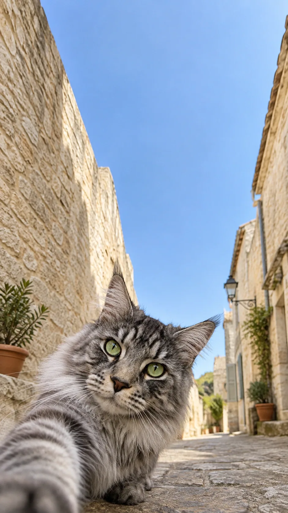 A tilted, wide-eyed cat selfie catches warm stone walls and a slice of blue sky. of the same silver tabby maine coon