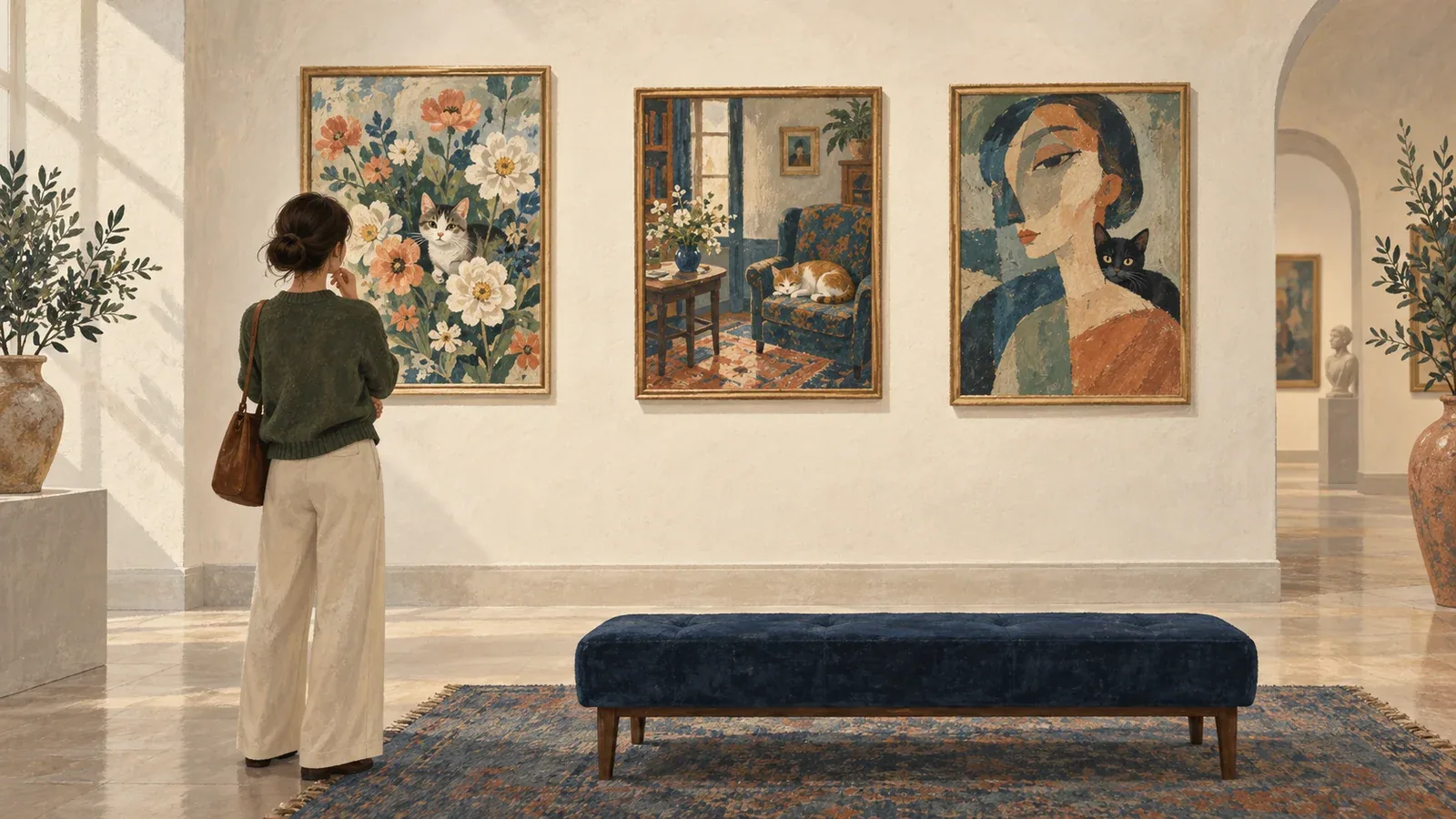 A visitor looks for cats in paintings inside an imagined small art gallery.