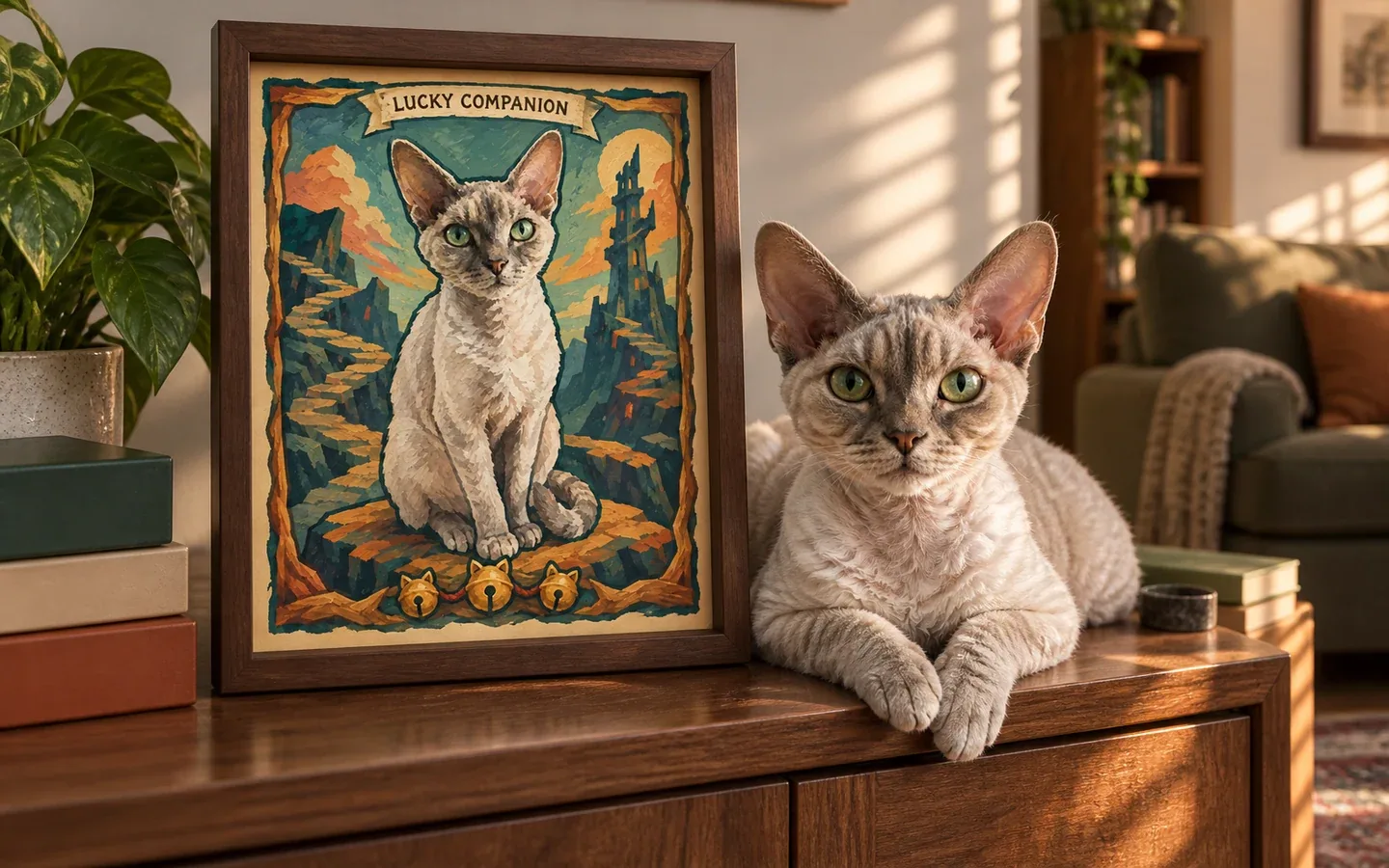 cream-and-gray Devon Rex cat beside its framed portrait in a home display