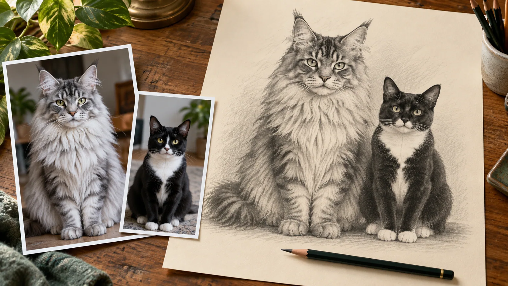 Separate references of a large Maine Coon and a smaller tuxedo cat accompany a two-cat composition study.
