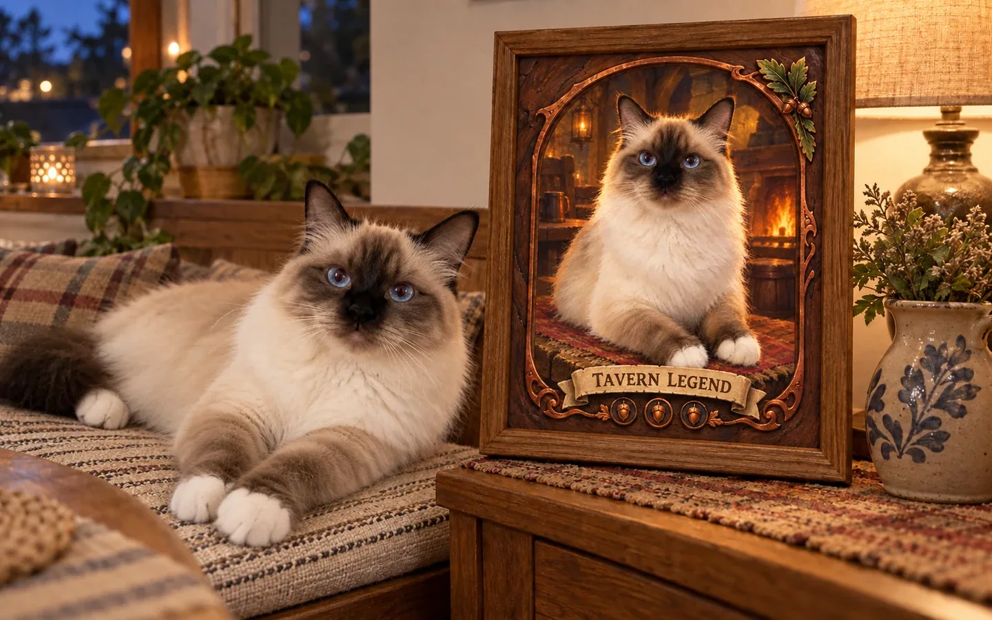 seal-point Birman cat beside its framed portrait in a home display