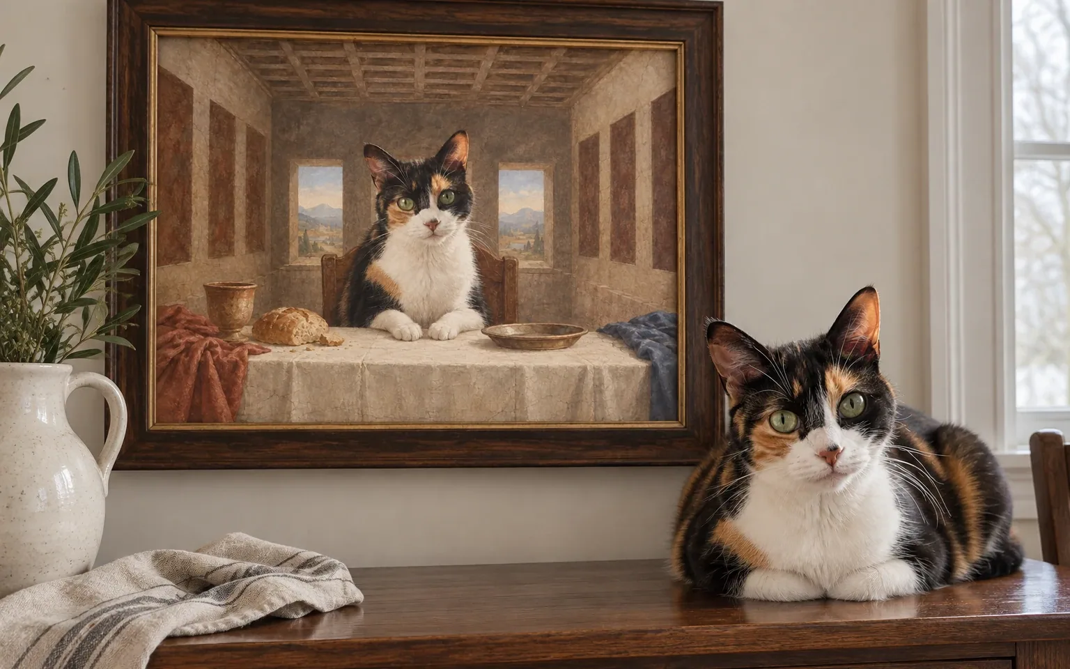 calico shorthair cat beside its framed portrait in a home display