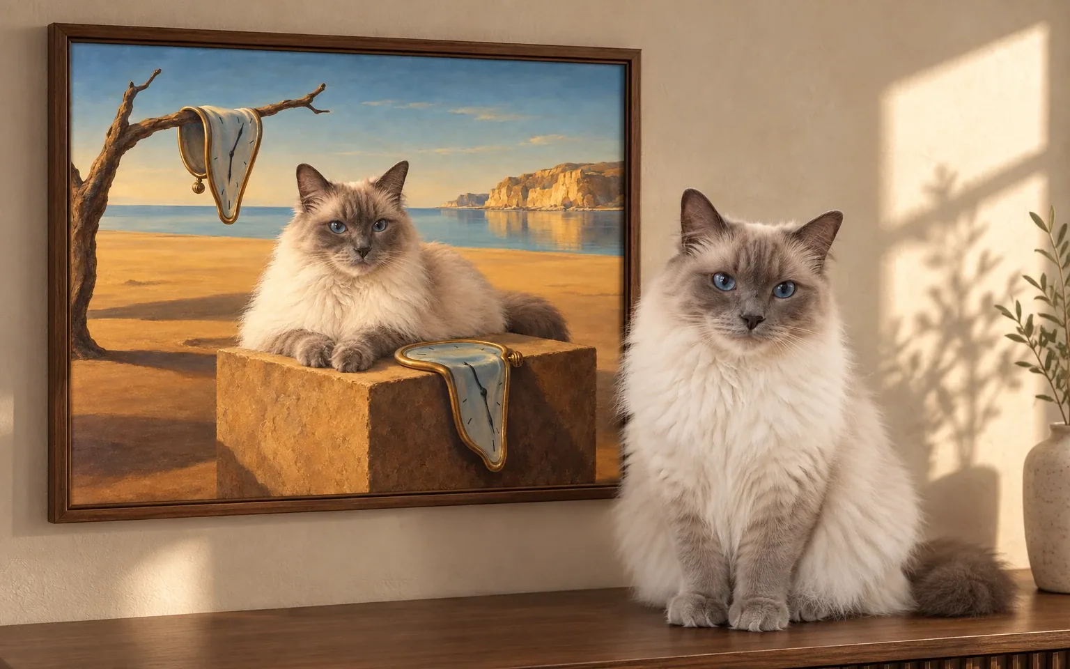 blue-point Ragdoll cat beside its framed portrait in a home display