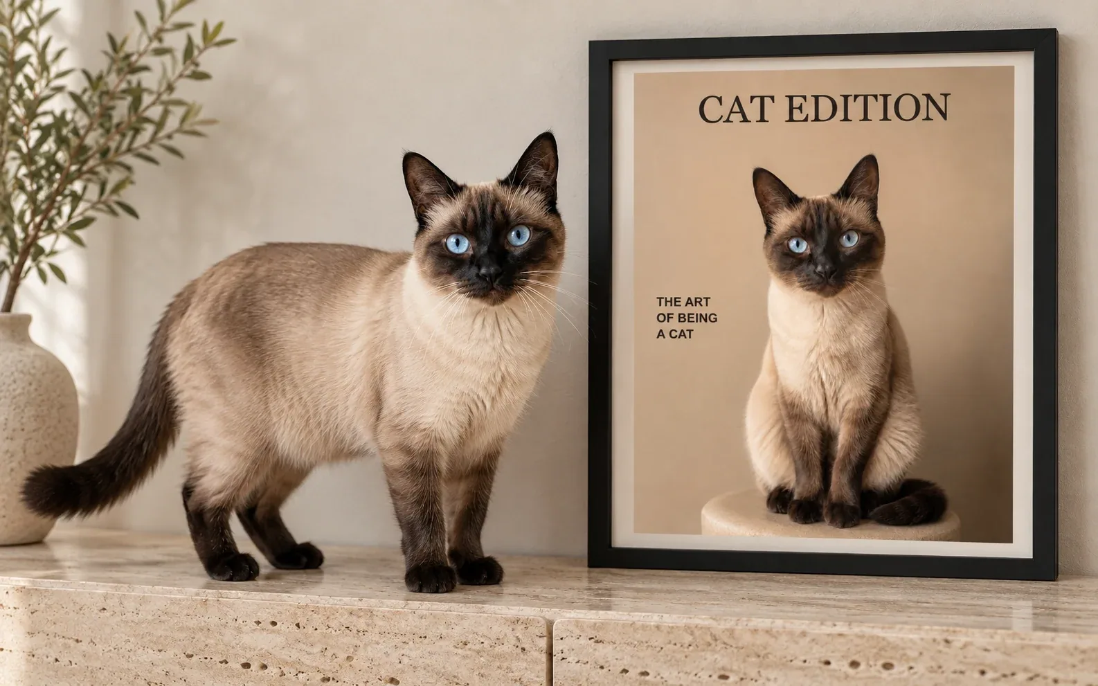The same seal-point siamese in a natural home pose beside its framed magazine cover cat portrait