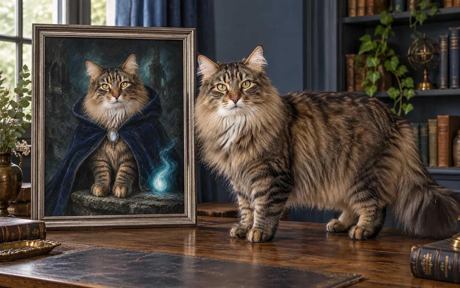 The same brown tabby norwegian forest in a natural home pose beside its framed gothic sorcerer cat portrait