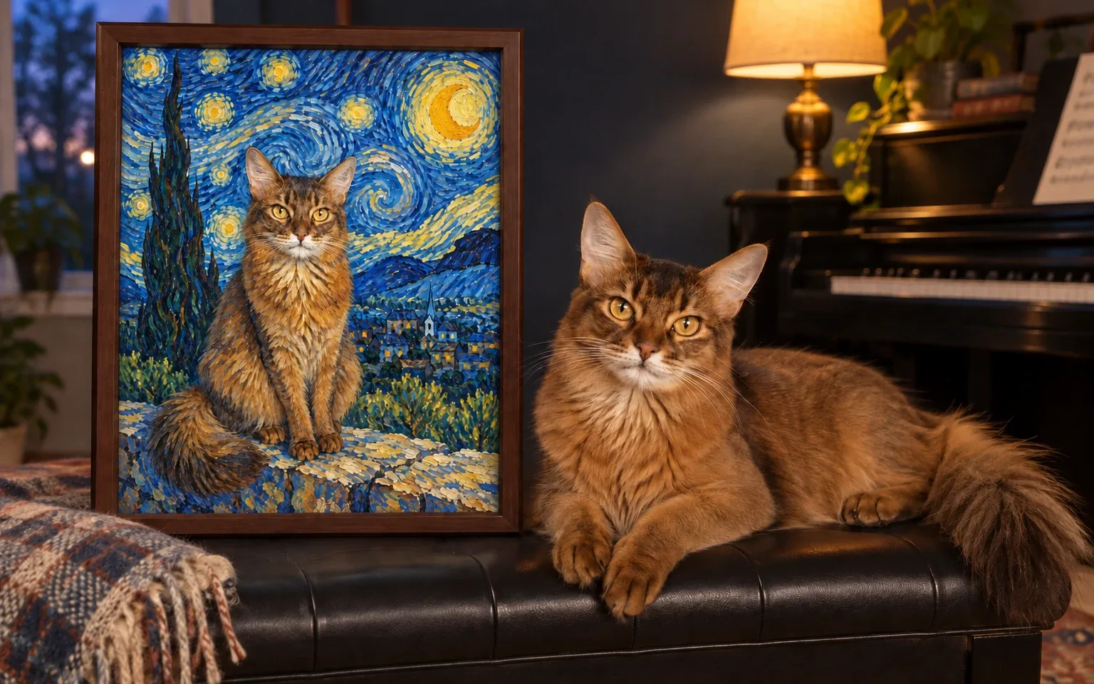 red Somali cat beside its framed portrait in a home display