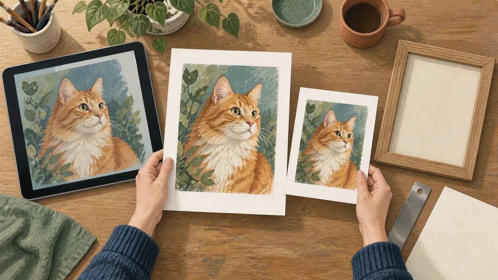 A digital cat portrait compared with two paper sizes and a frame on a desk.