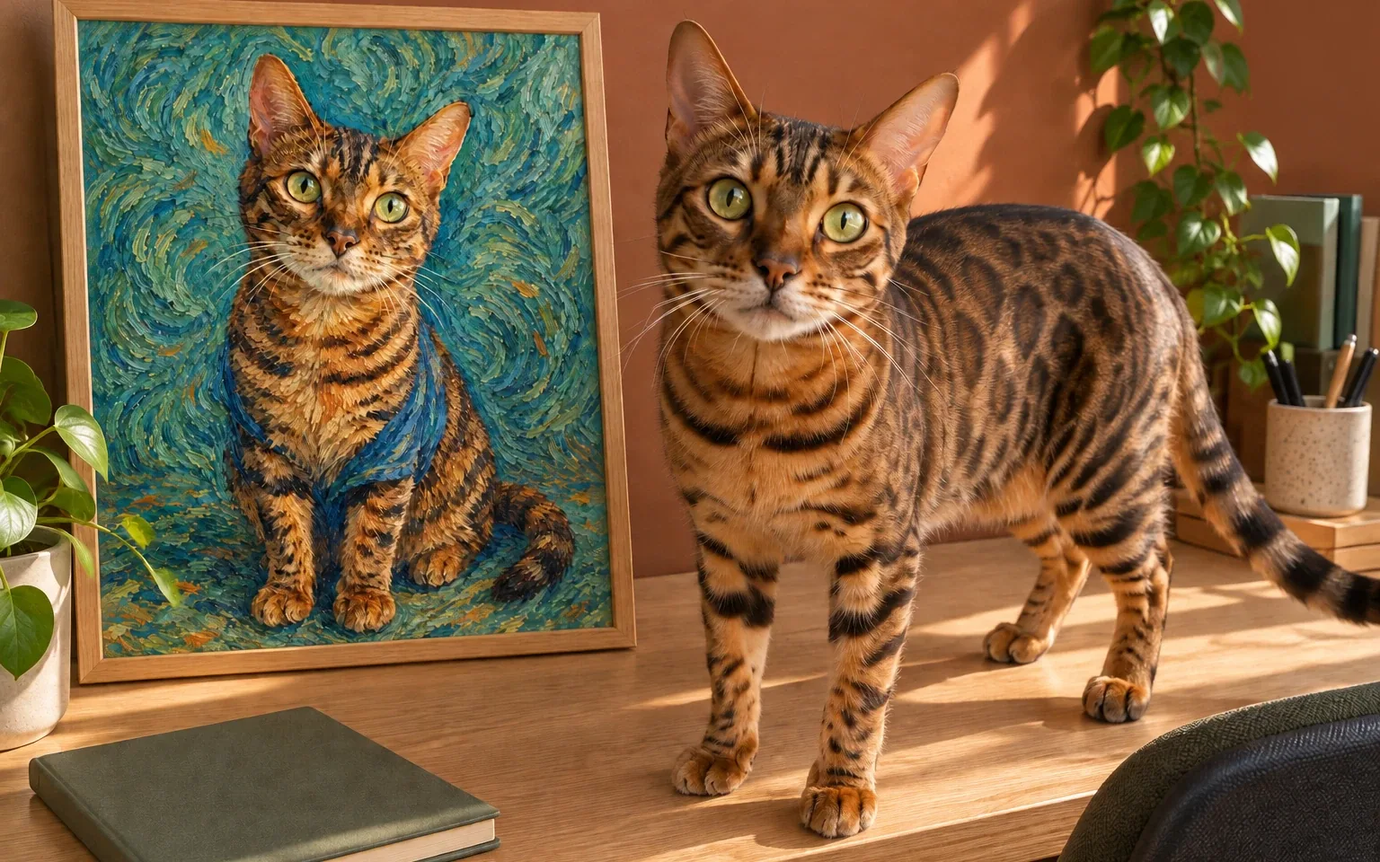 brown spotted Bengal cat beside its framed portrait in a home display
