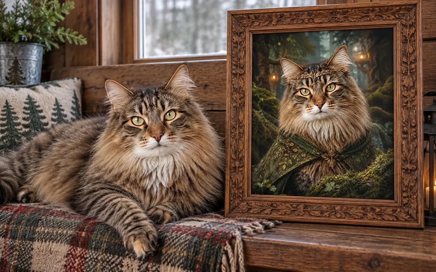brown tabby Norwegian Forest cat beside its framed portrait in a home display