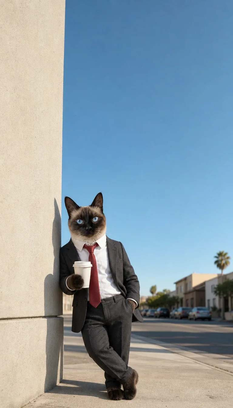 A suited cat leans on a sunlit street wall with a takeaway coffee. generated from the same cat photo