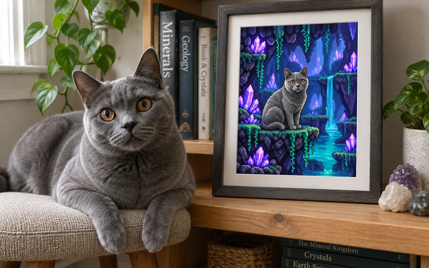 blue-gray Chartreux cat beside its framed portrait in a home display