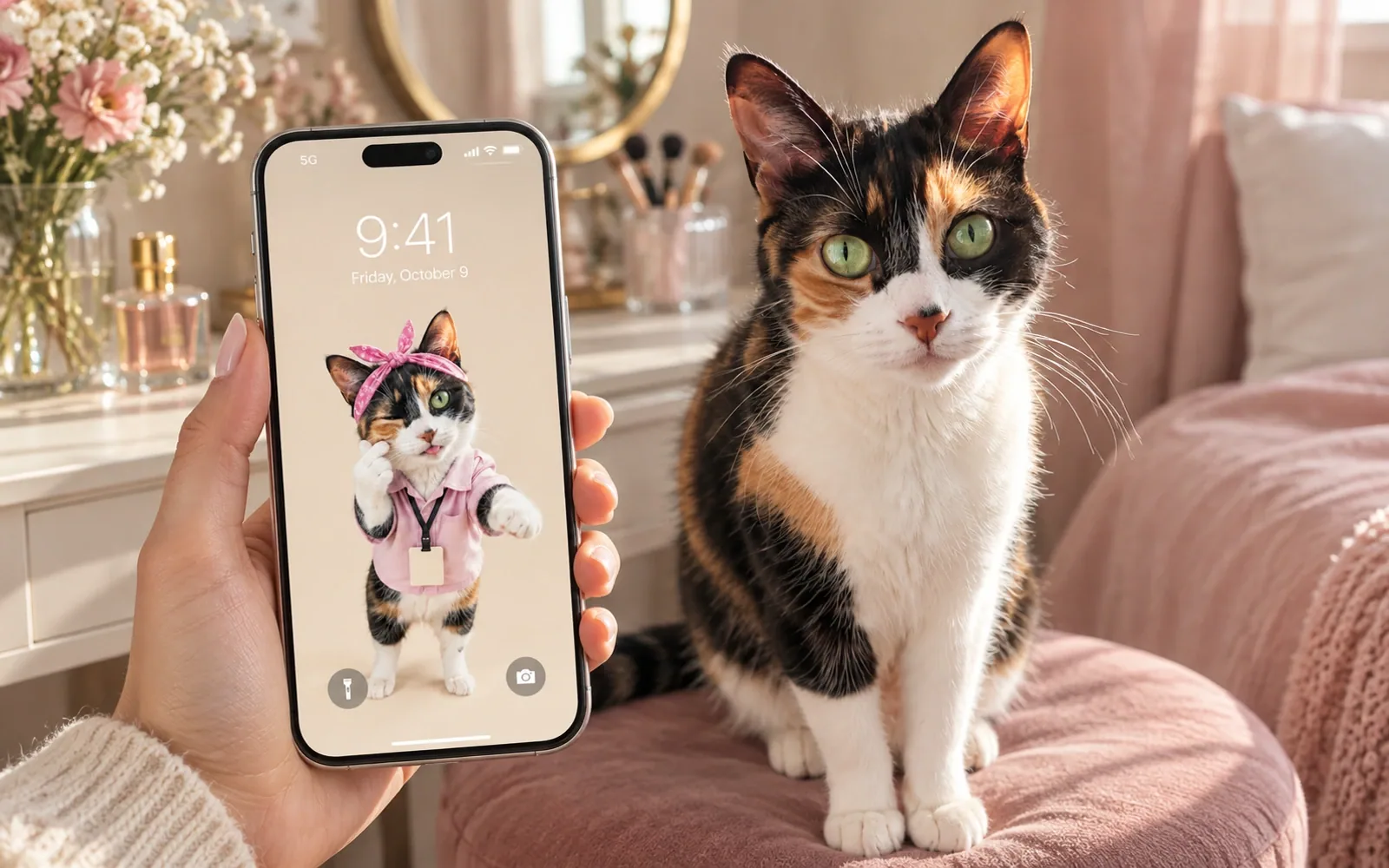 A hand-held iPhone displaying pink bandana wink cat wallpaper beside the same real cat in a cheerful bedroom vanity corner with dusty pink linen and a small mirror behind