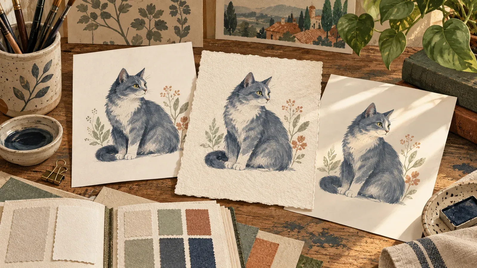 Illustrated cat-art paper samples showing smooth, textured and reflective surface ideas.