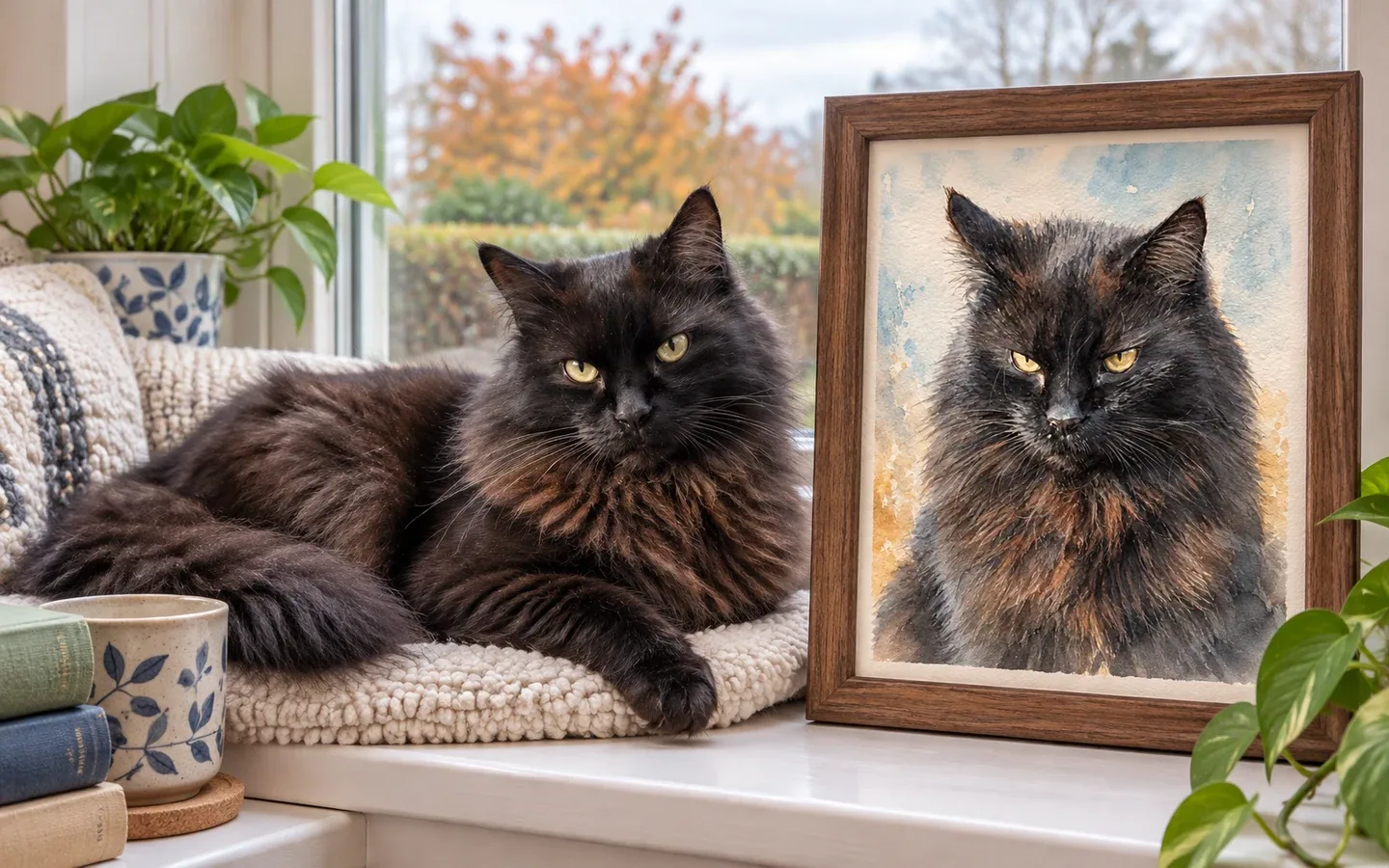 long-haired tortoiseshell cat beside its framed portrait in a home display
