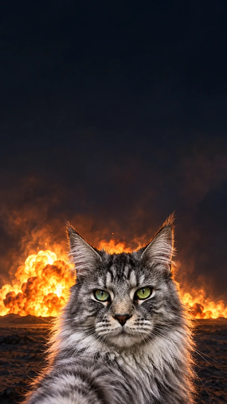 A deadpan cat selfie faces the camera while a cinematic fireball glows behind. generated from the same cat photo